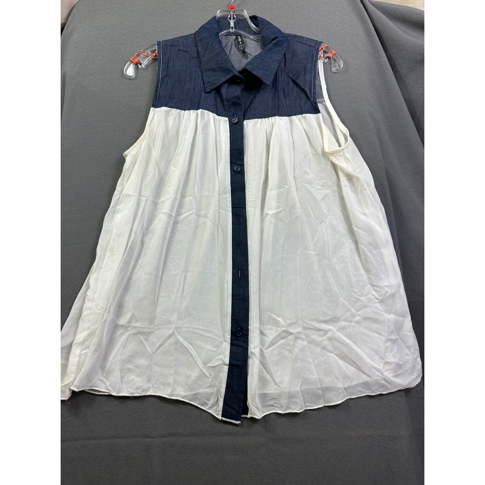 Drama Gold Women's Sleeveless Denim Mixed Media Button Down Top Blue White Large